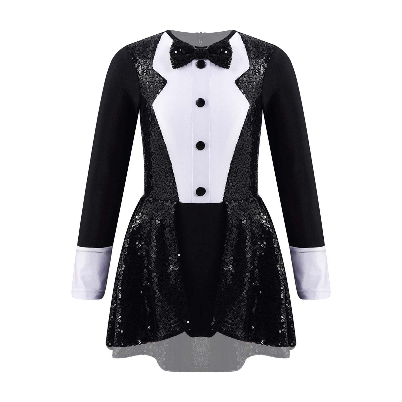 Ensemble Costume de Magicien Adolescent Manches Longues Cravate à Nœud Body à Sequins + Chapeau Baguette Magique Gants pour Halloween Cosplay Déguisement Spectacle 4