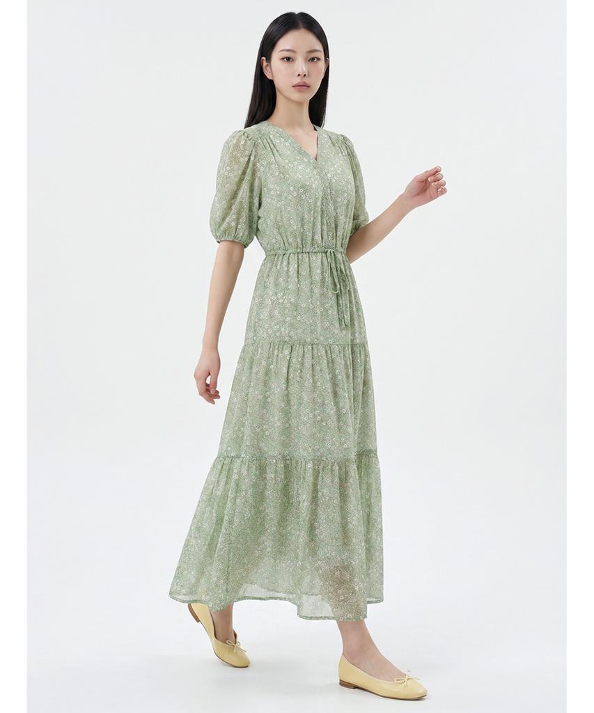 Poebeo21 Flower V-Neck String Short Sleeve Long Dress (Ftdbop012)
