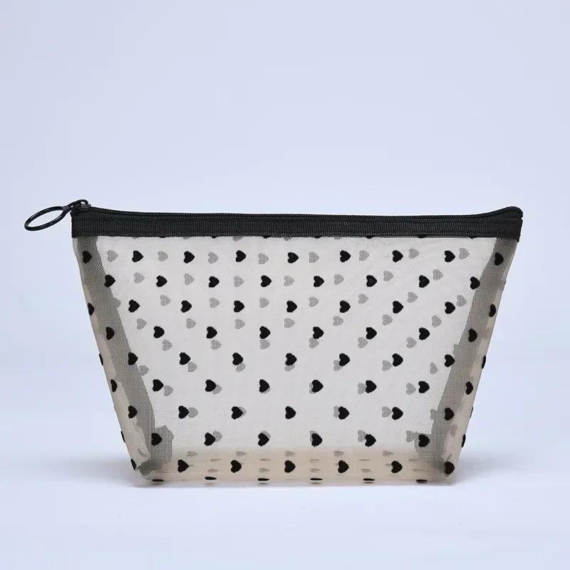 Women Cosmetic Pouch Toilet Storage Bag Ladies Toiletry Lipstick Key Coin Organizer Bags Purse Heart Transparent Mesh Makeup Bag