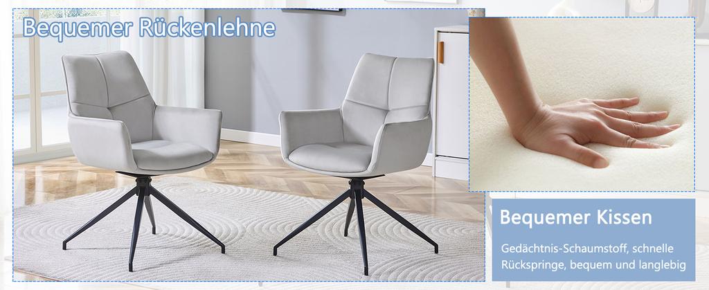 [Set of 2] European 360° Swivel Upholstered Chair: Light Grey Fabric + Black Lacquered Metal Legs, Breathable and Comfortable