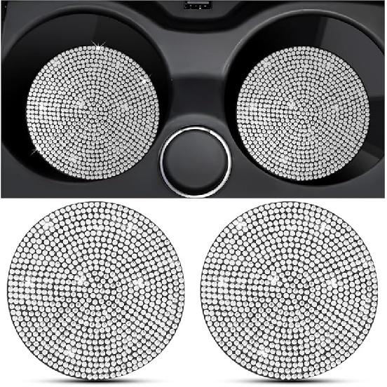 2PCS Bling Car Cup Holder Coaster, Crystal Rhinestone Non-Slip Ert Auto Cup Pads, Sparkling Vehicle Decor Bottle Mat Accessories For Women Girls,