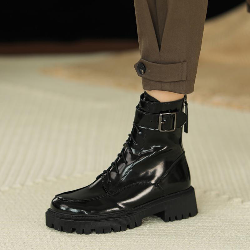 2024 New Winter Genuine Leather Women Boots Fur Warm Boots Snow Boots Zippe Lace-up Platform Boots Black Motorcycle Boots Shoes