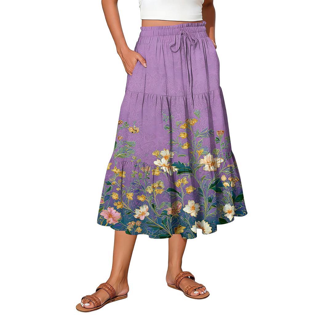 Womens Maxi Skirt Drawstring High Waisted Summer Long Skirts Lightweight Tiered Flowy Floral Pleated Skirts