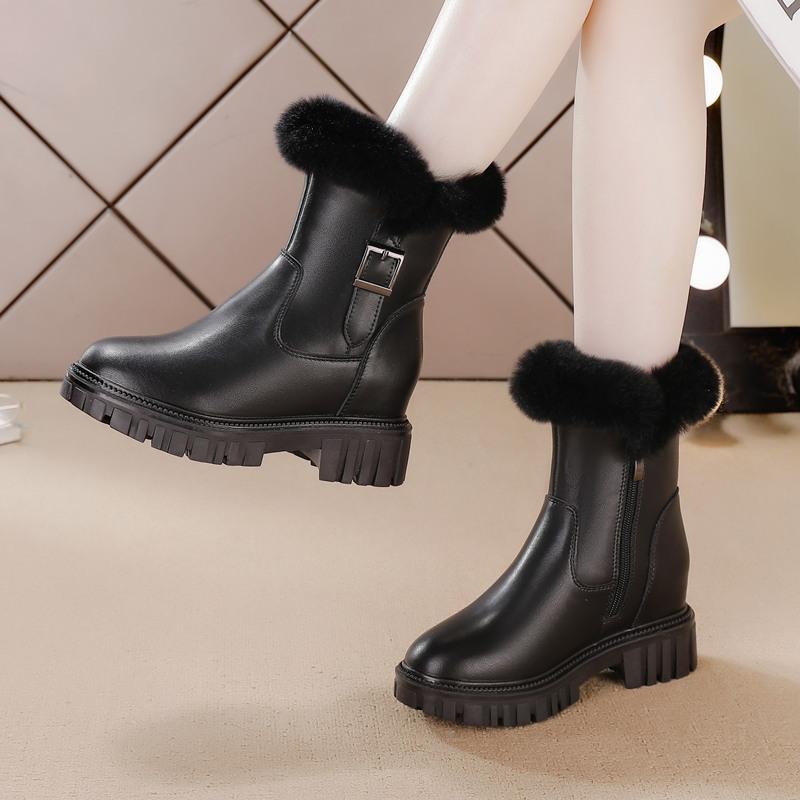 Inner heightening snow boots women's winter new casual mid-tube boots rabbit fur thermal cotton boots thick-soled women's boots