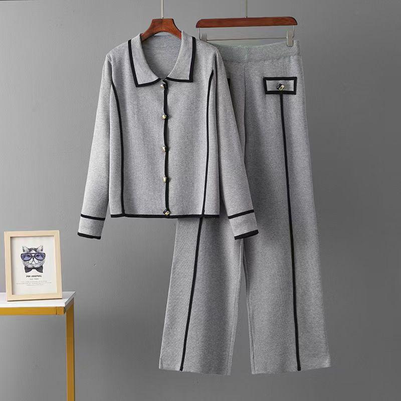 

Fashion Fashion Contrast Color Lapels Knitting Tops Loose Pants Suit Knitted Top and Pants Set Grey All yards