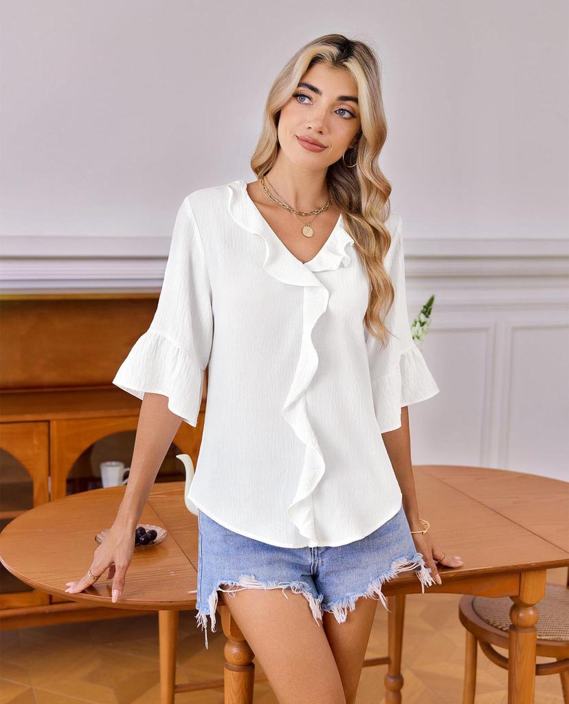 2026 Fashion Style 3/4 Sleeve Ruffle Lantern Collar Casual Top