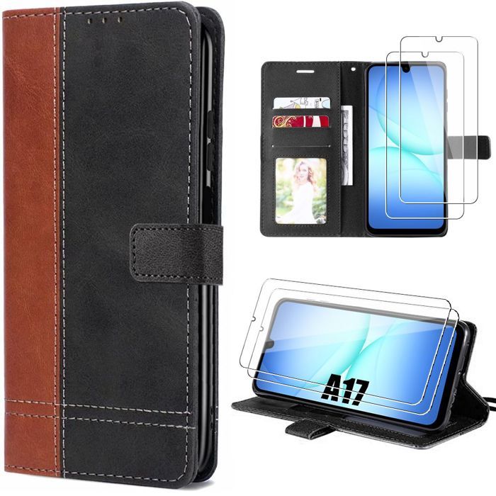 Coque de Protection - BOOLING - Samsung Galaxy A17 4G/5G - Bicolore Marron/Noir - Antichoc - 2 Verres Trempés
