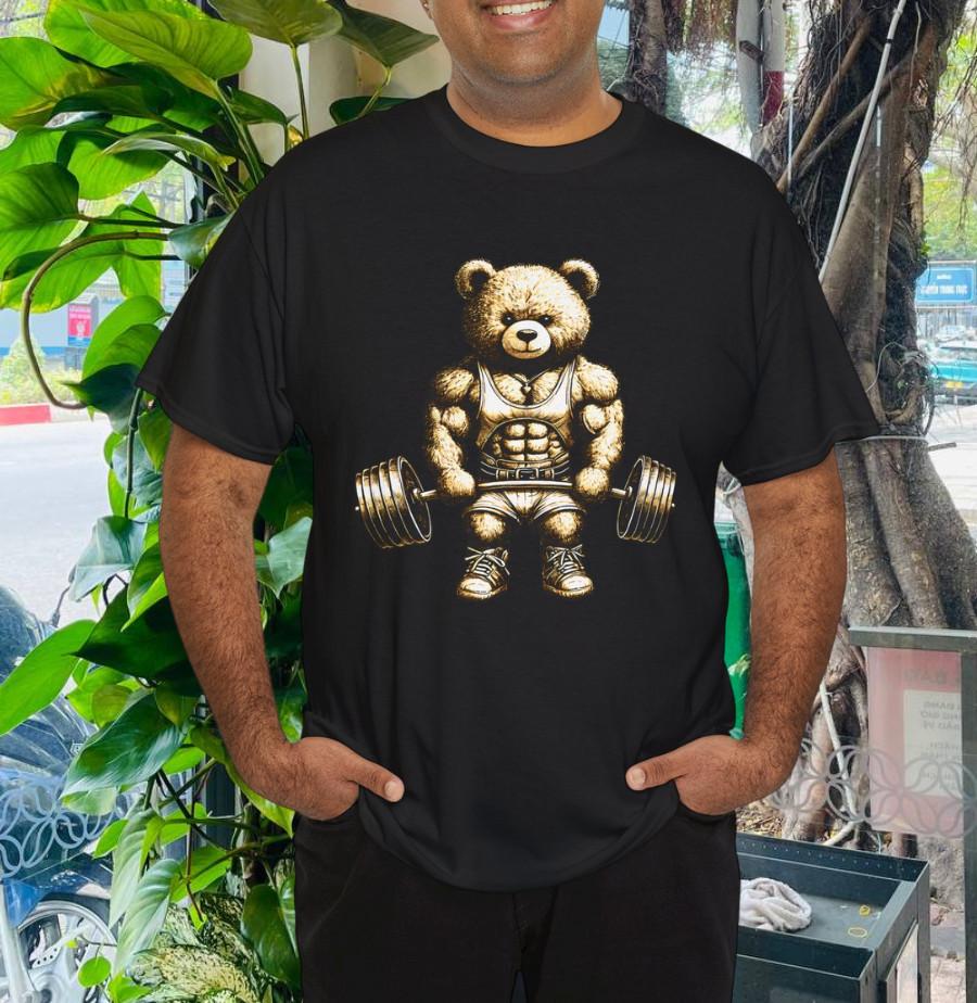 Vtipný plyšový medvídek zvedající činky cvičení v posilovně zvířecí trička