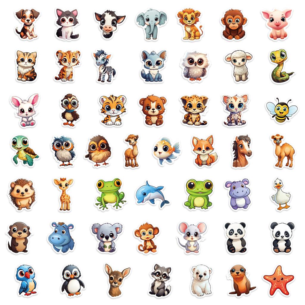 100 Cute Hand-Painted Big-Eyed Animals Pp Waterproof Stickers Elephant Cat Frog Do Not Repeat Decorative Stickers