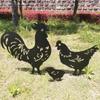 3Pcs Cartoon Rooster Garden Sculpture Black Metal Animal Ornaments Resin  Ornaments  Micro Landscape