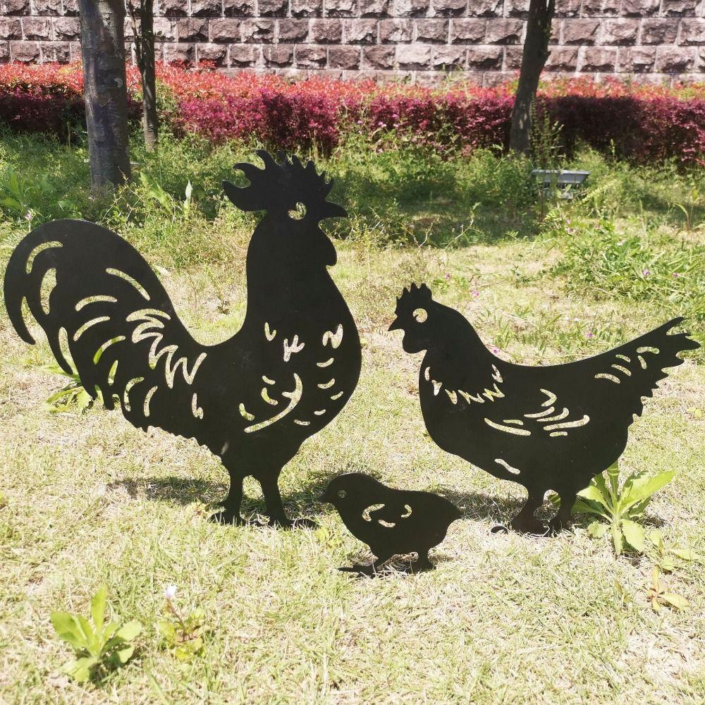 3Pcs Cartoon Rooster Garden Sculpture Black Metal Animal Ornaments Resin Ornaments Micro Landscape