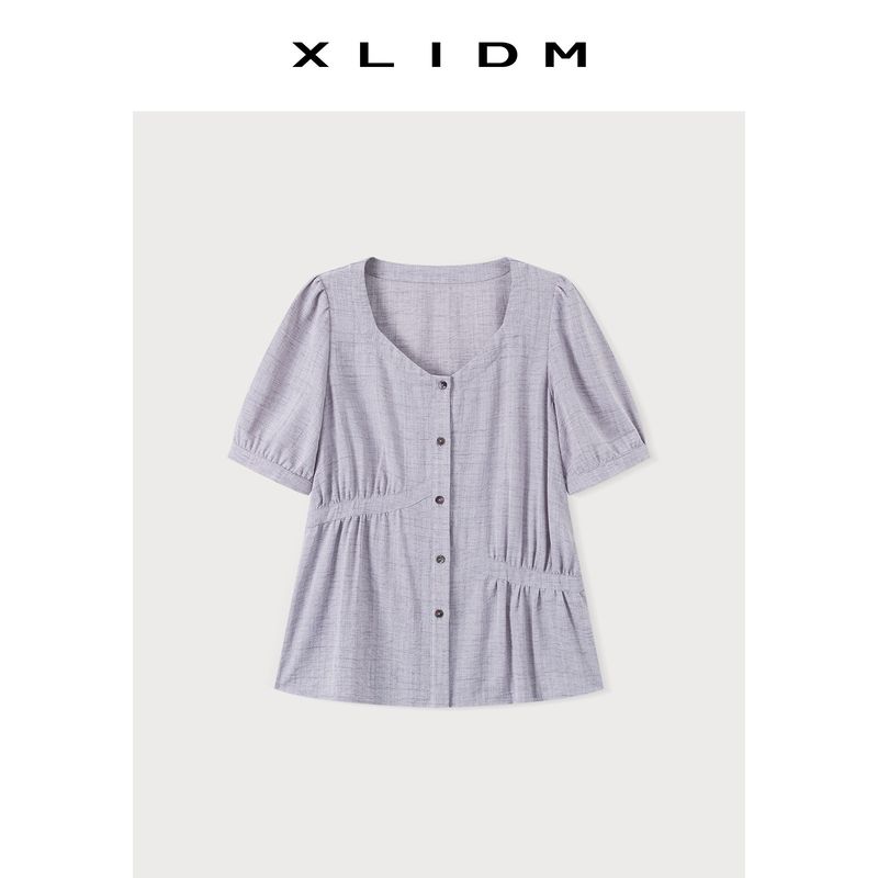 

Xiaoli Plus Size Women s Linen Asymmetric Split Micro Waist Slim Looking Diamond Collar Shoulder Short Sleeve Shirt Women s Summer Gray Purple (Spot) 2XL