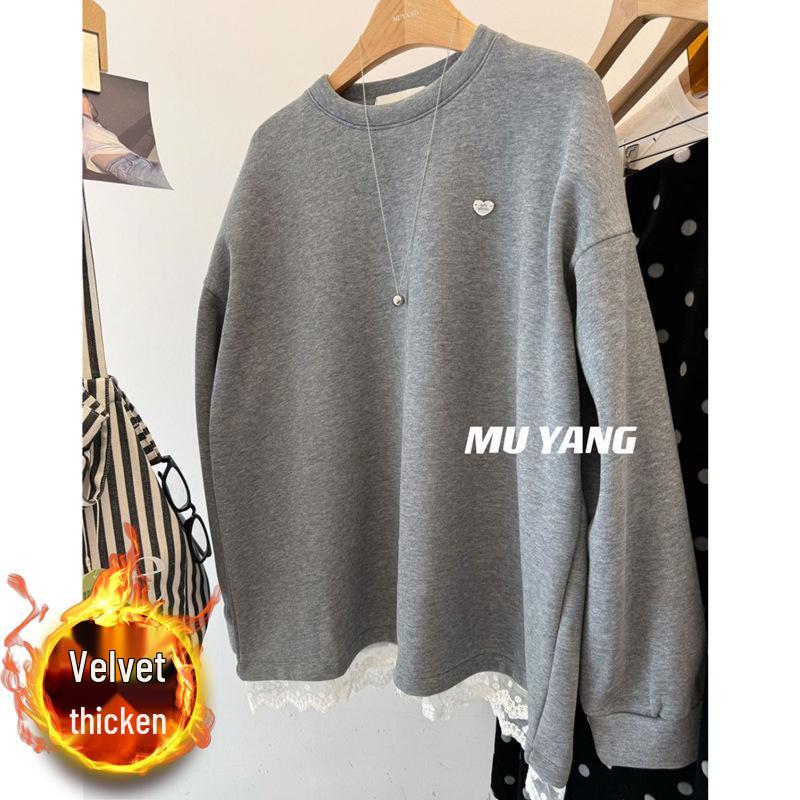 Korean Lace Trim Round Neck Sweatshirt: Women's Winter Fleece-Lined Thickened Mid-Length Loose Style Fashionable Top
