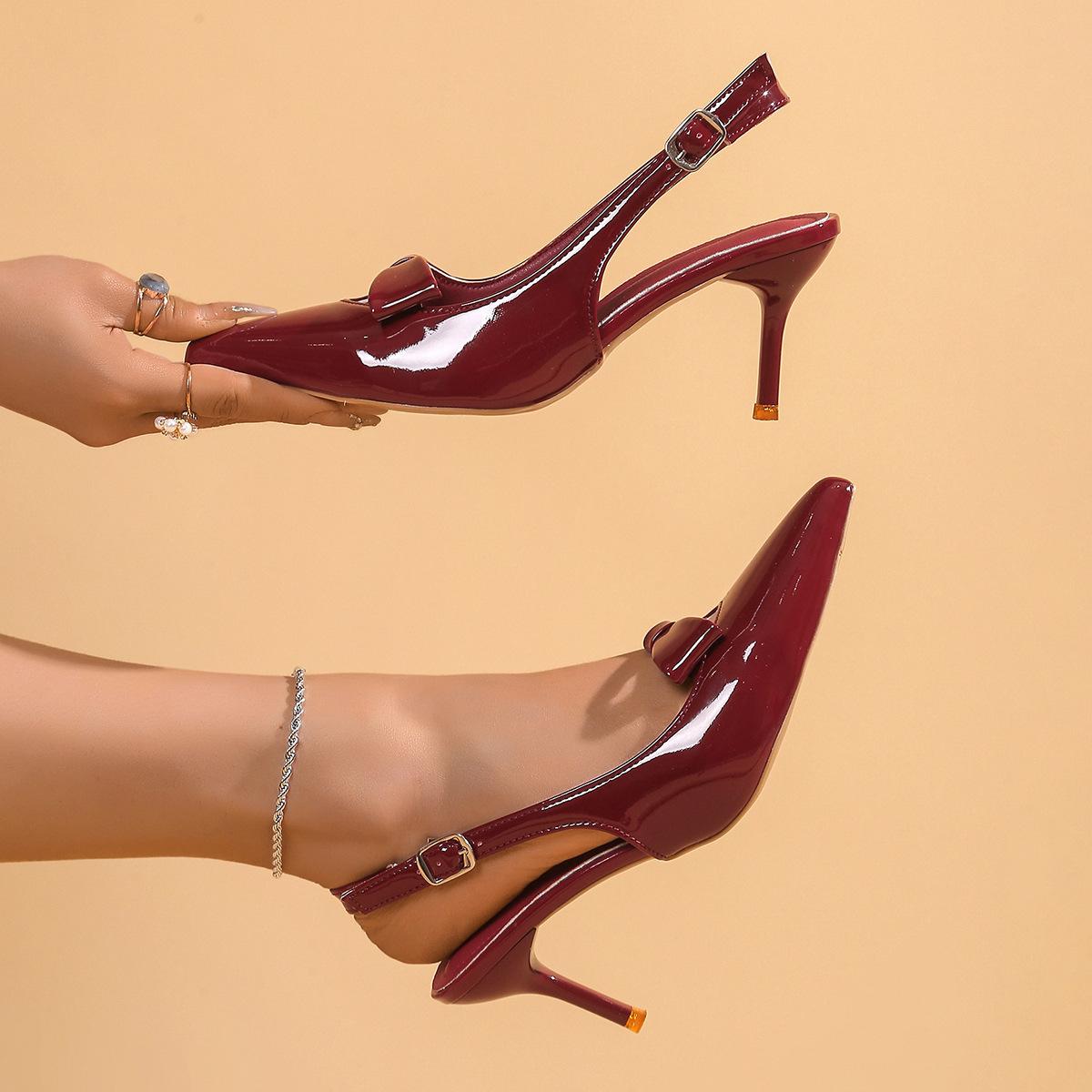 

Женские туфли бант полый носок сандалии женские лето 2025 новые тонкий каблук пустые сандалии 42 бордовый