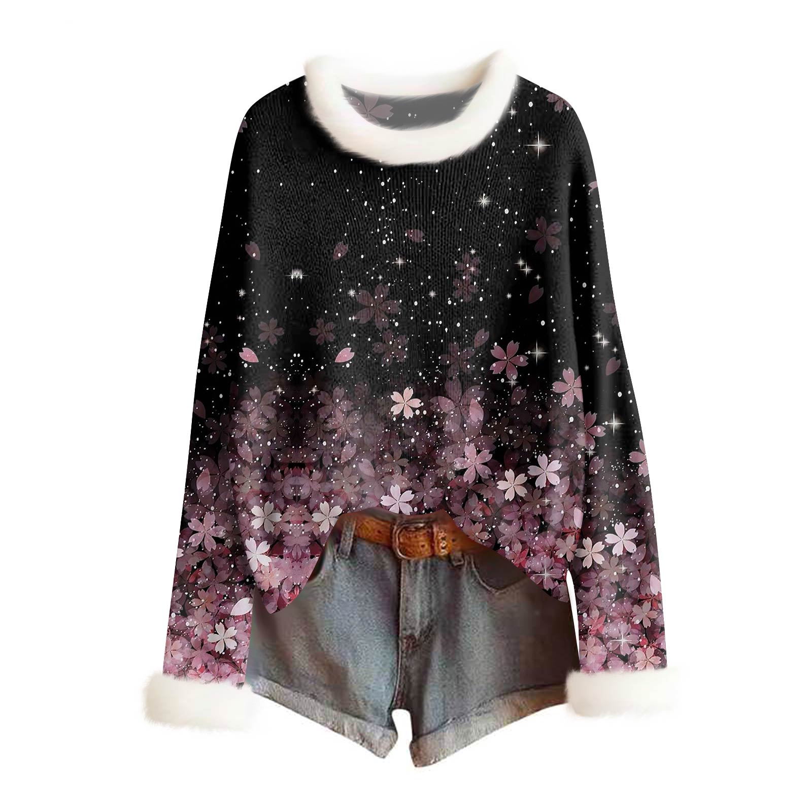 

Женский модный свитер с принтом и шерстяным воротником, повседневный вязаный пуловер с длинными рукавами XL розовый