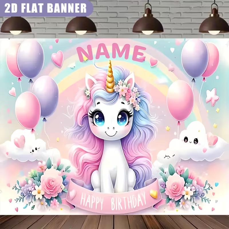 2D Pastel Unicorn Birthday Backdrop, Customizable Kids Party Background
