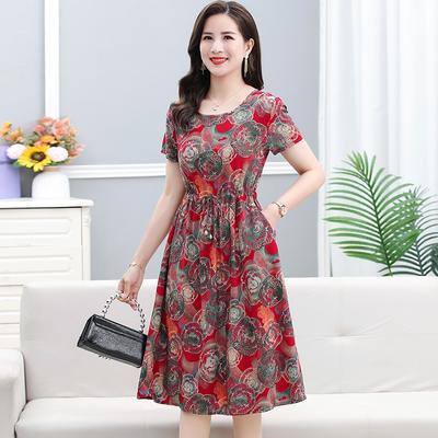 Damenbekleidung Vintage Kleider mit Blumendruck Kurzarm Pendeln A-Linie Sommer Rundhals Stilvolles Midikleid mit Kordelzug