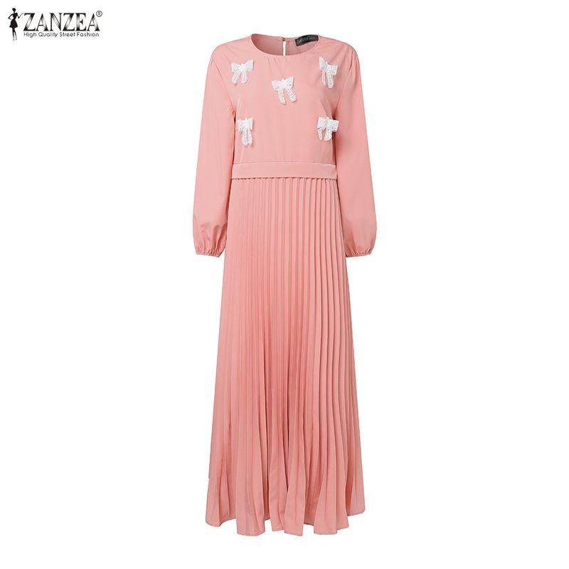 ZANZEA Women Casual Round Neck Loose Long Sleeve Muslim Dress