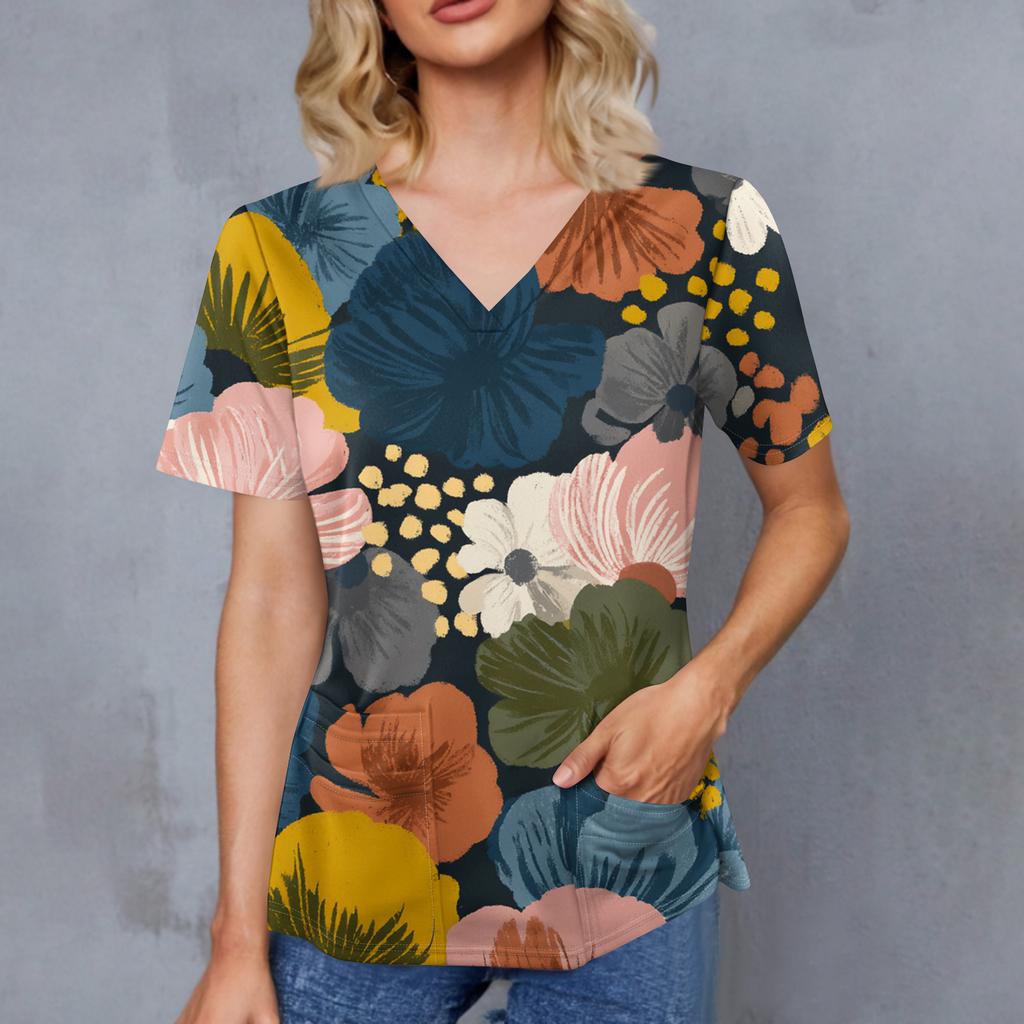 Women's Retro Printed V-Neck Double Pocket Short Sleeves Hem Slit Uniform Caregiver Top