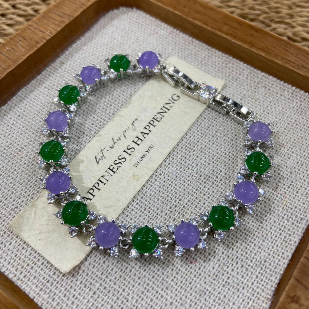 Jewelry Copper Bottom Platinum Plated Purple Green Chalcedony Plain Surface Full Diamond Inlaid Bracelet Light Luxury High-End Jewelry Women