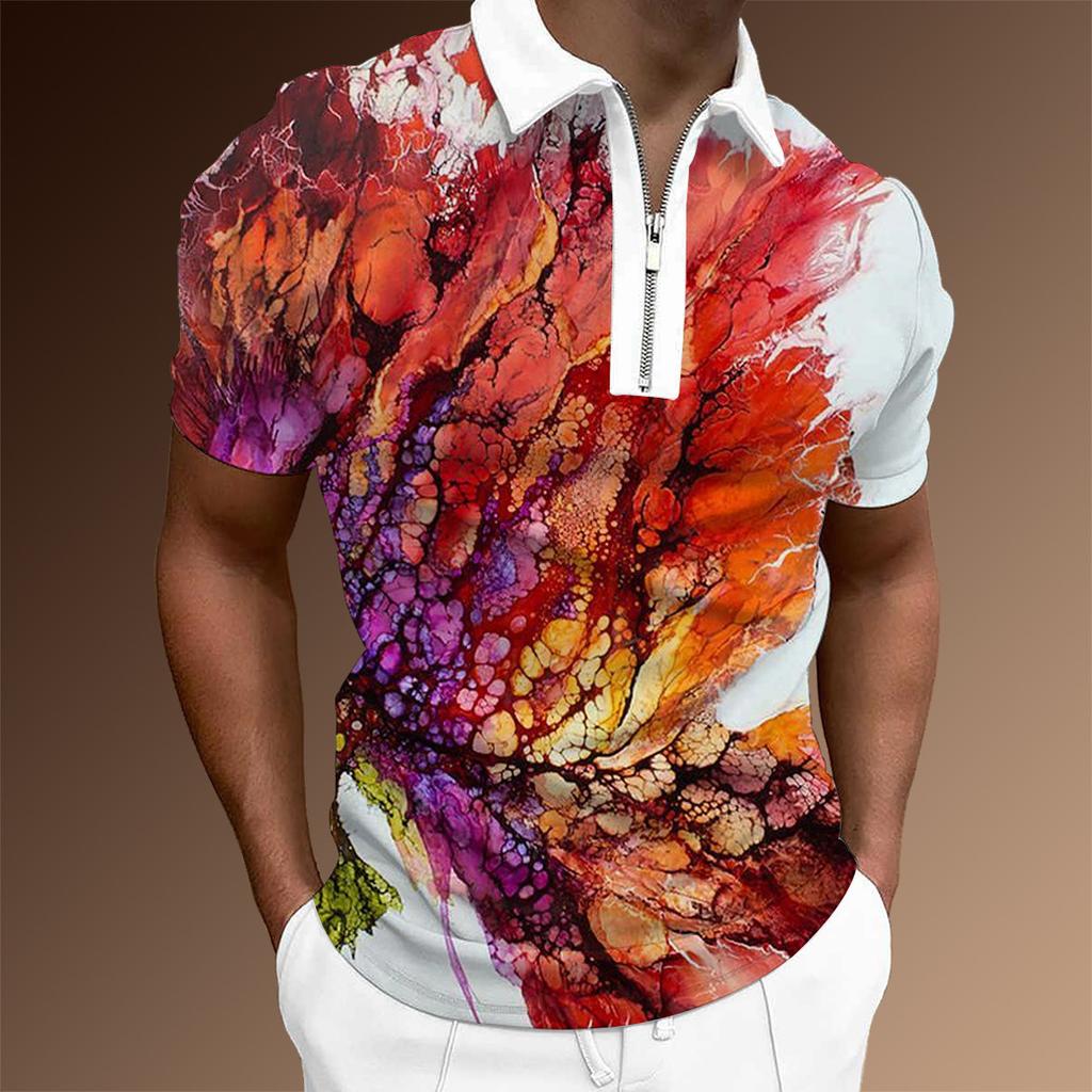 Abstract Print Short Sleeve Polo Shirt, Half-Zip Casual Wear