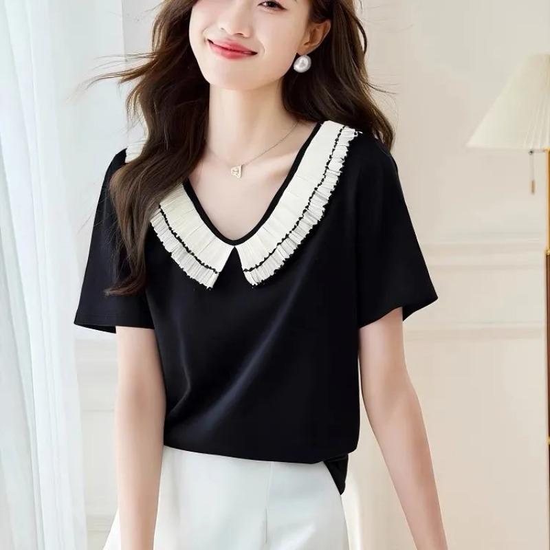 

Women s Black Blouse Casual V-Neck Short-Sleeve Contrast Ruffle Trim Top L чорний