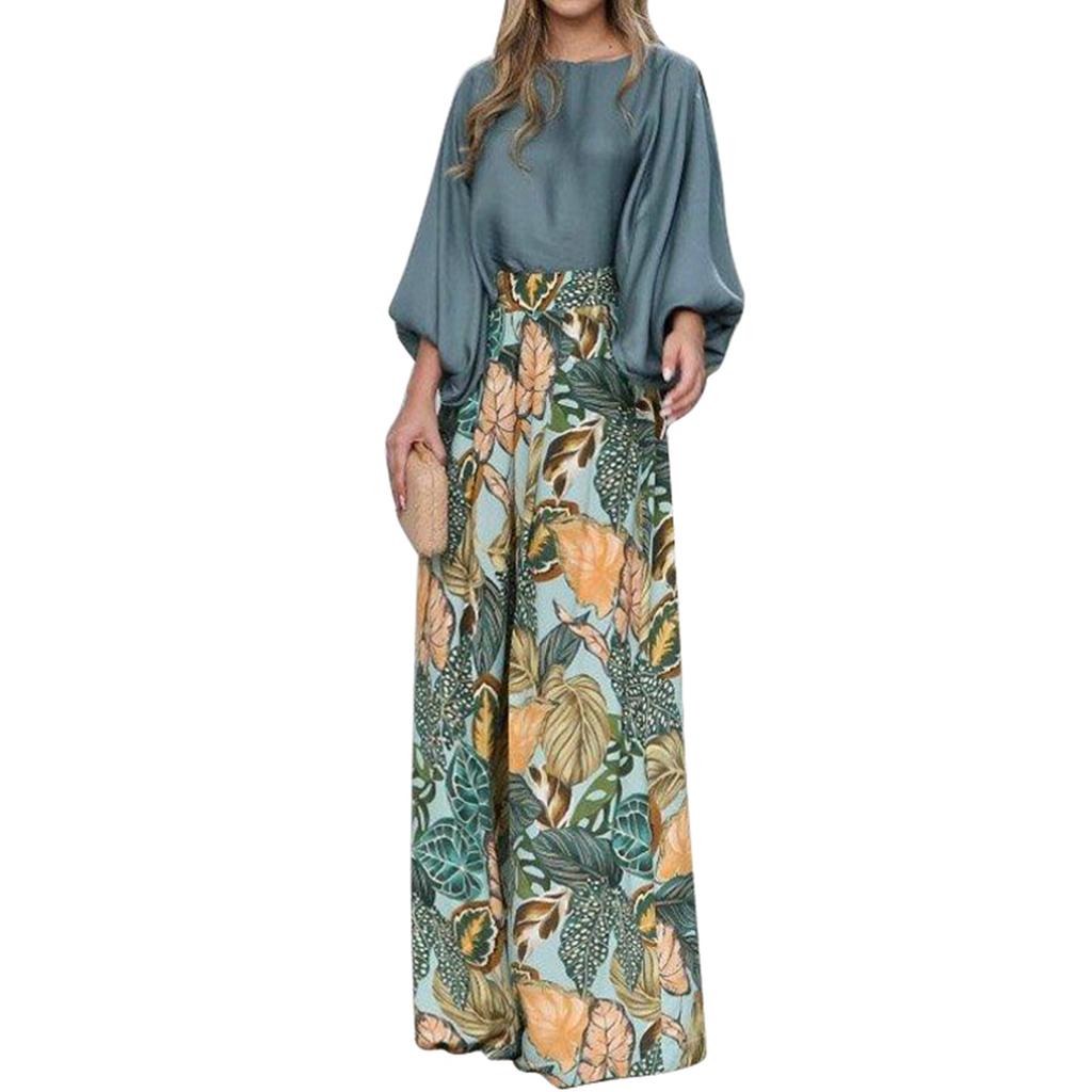 Women Casual 2 Piece Outfit Long Puff Sleeve Crewneck Top Blouse Floral Print Wide Leg Pants for