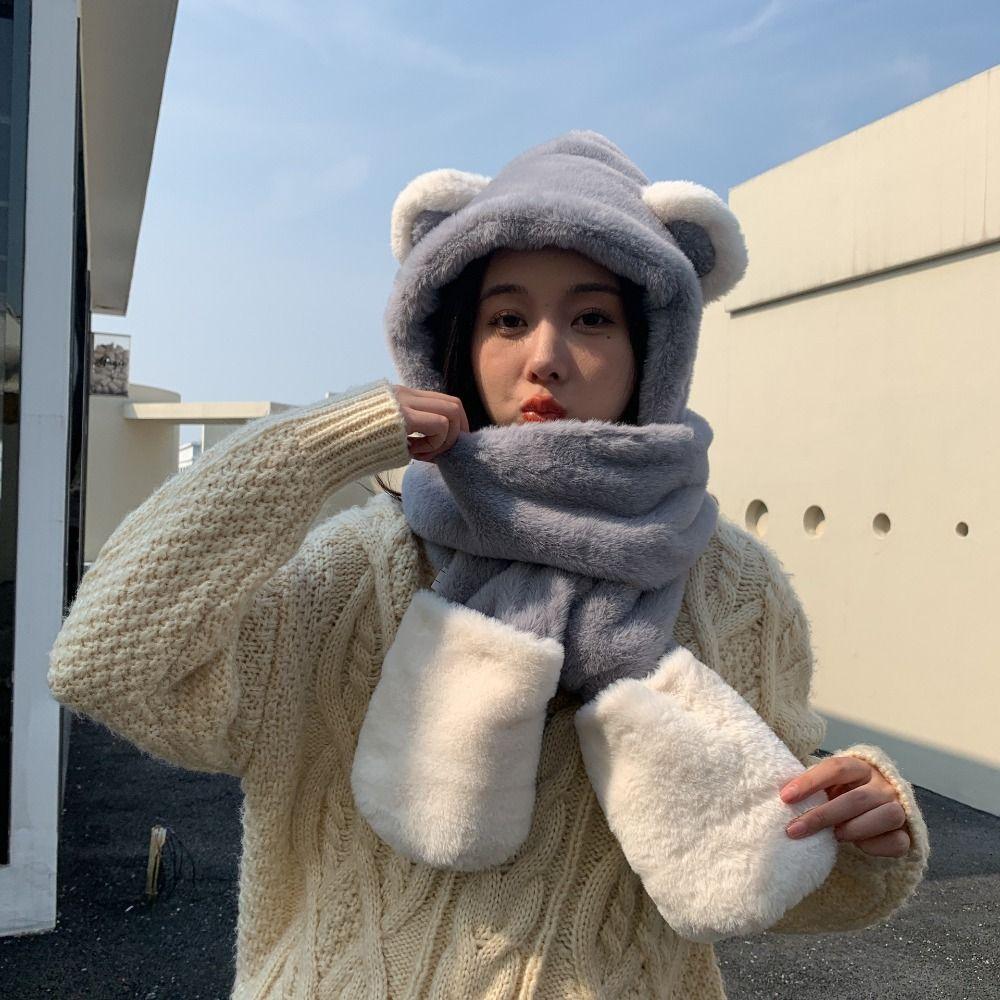 Cute Cartoon Bears Ears Plush Hat Warm Soft Hat Scarf Gloves Set Windproof Ear Protection Cap Women