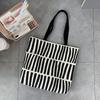 Striped Canvas Tote Bag Literary School Handbag Lightweight Shoulder Bag For Travelling Shopping