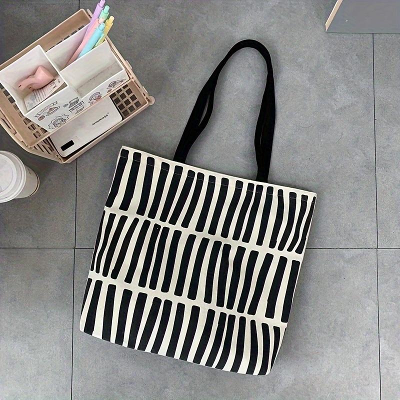 Striped Canvas Tote Bag Literary School Handbag Lightweight Shoulder Bag For Travelling Shopping