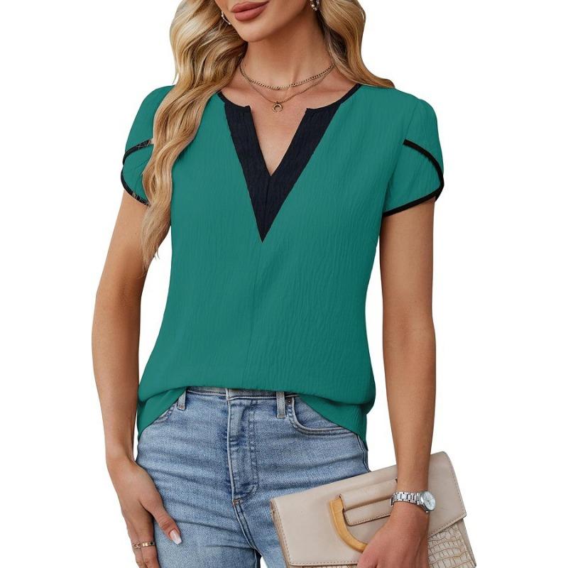 

Summer Fashion Color Blocked V-neck Petal Short Sleeved Shirt XXL