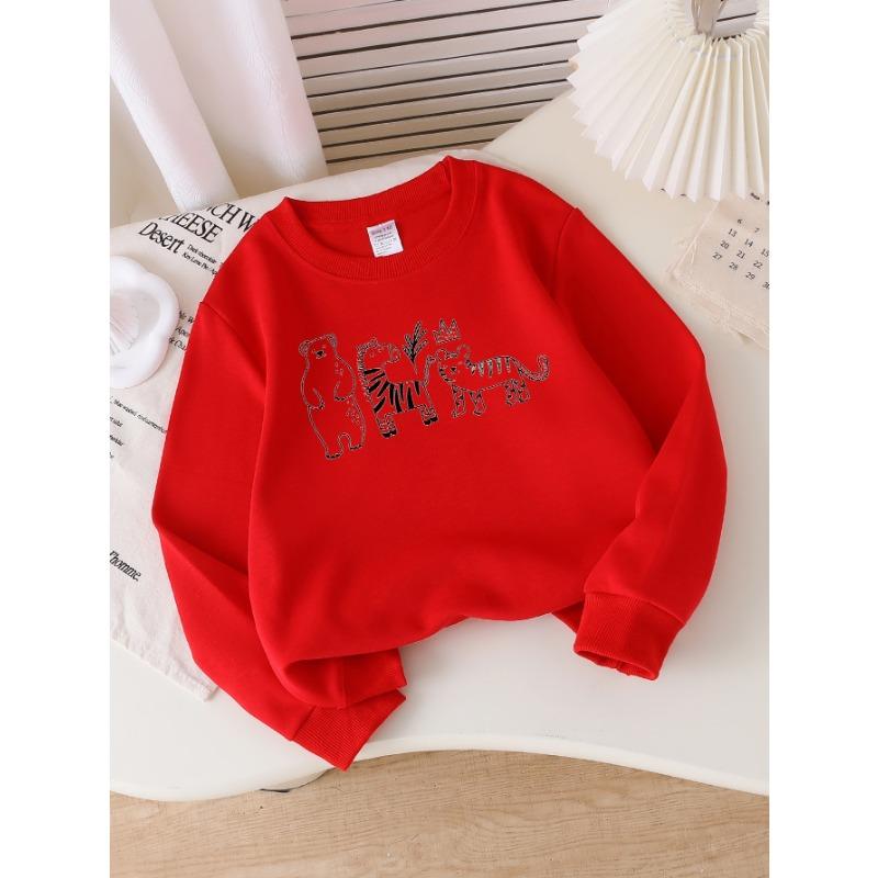 European sizes Kids' Sweatshirts, Girls' Autumn Winter Bear Zebra Tiger Crown Plant Print Long Sleeve Round Neck Sweatshirt, Casual Daily Wear.
