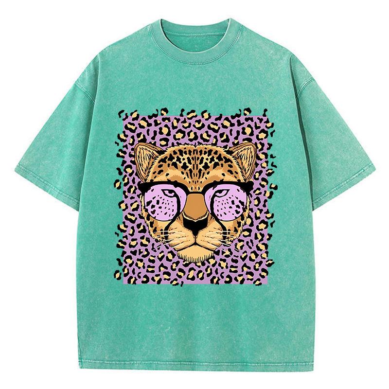 Vintage Womens Acid Wash T-Shirts Leopard Cartoons Printing