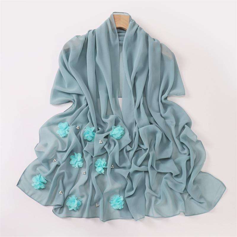 Einfacher Stich Rose Floral Blasen Chiffon Hijab Ramadan Perlen Schals Tücher Damen Sonnenschutz Kopftuch Outdoor Winddicht Kopfwickel