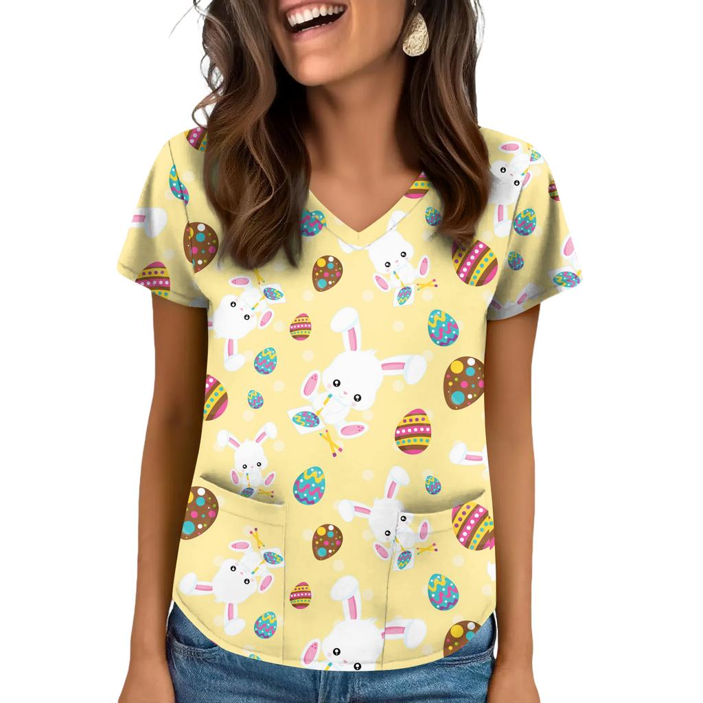 Women's V-Neck Easter Print Short-Sleeve Pocket Top With Side Slit