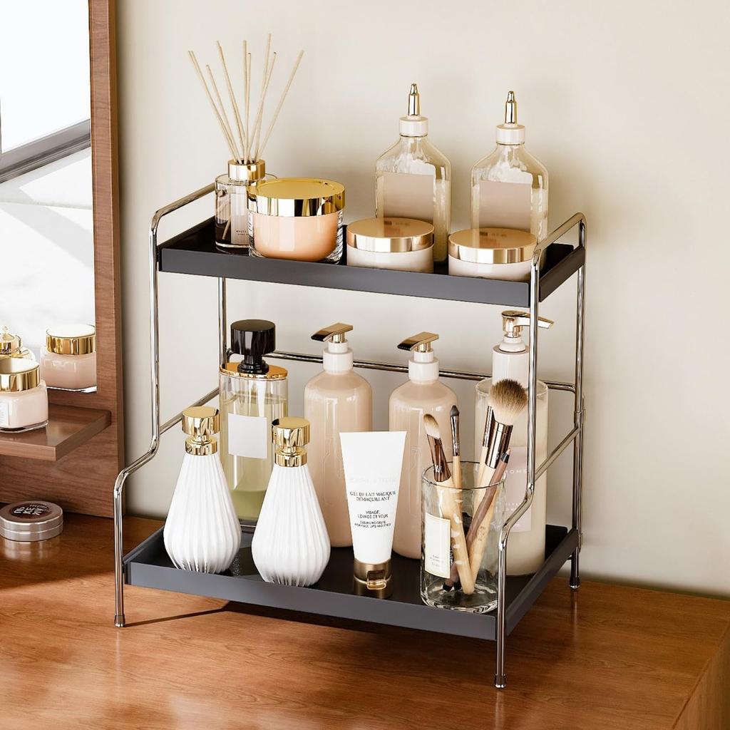 33 x 22 x 32cm Cosmetic Storage Rack Makeup Shelf for Washstand/Countertop Removable Tray Foldable Design