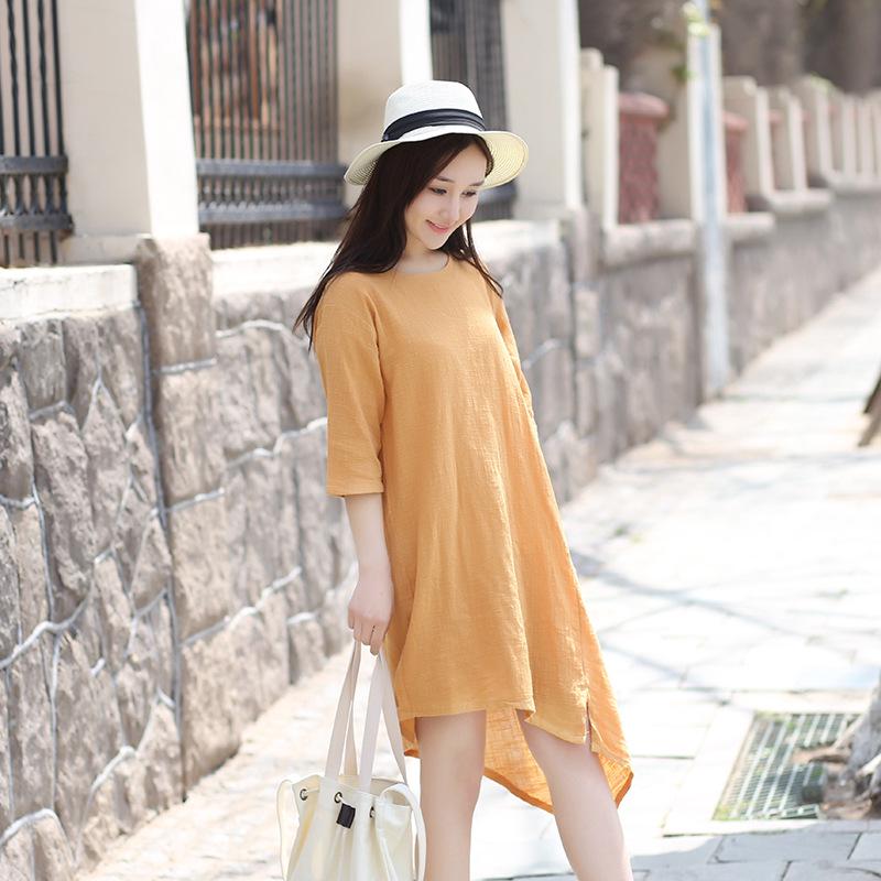 

2024 Spring/Summer Women s Cotton Linen Half Sleeve Irregular Dress One Size гірчичний/жовтий