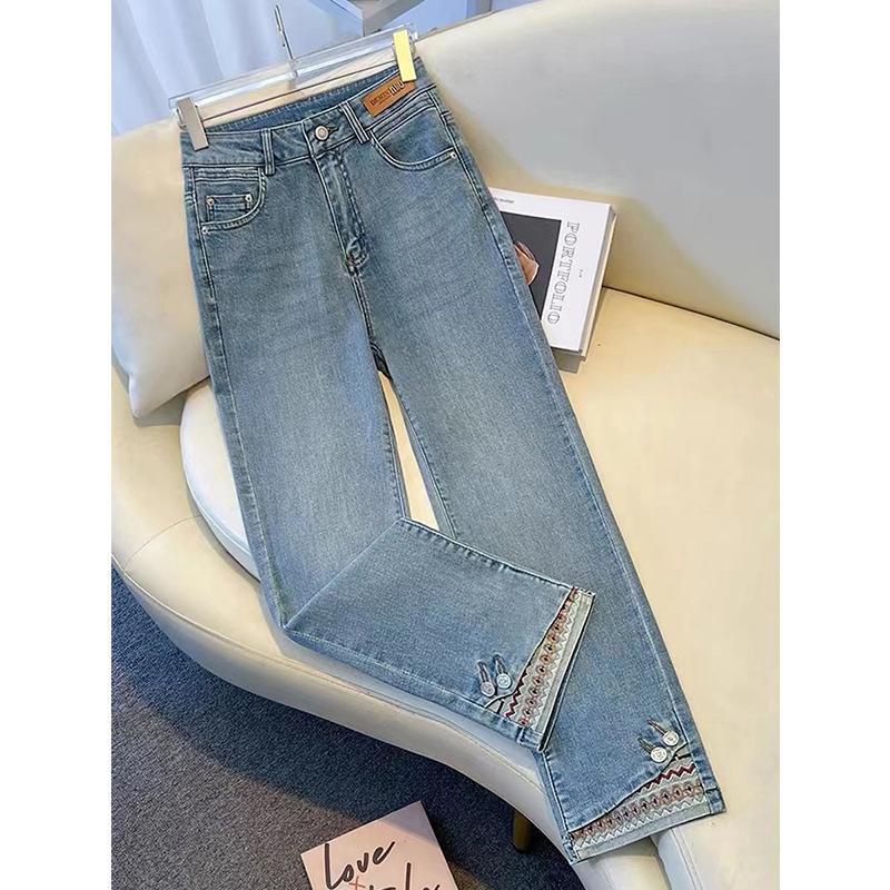 Women s Plus Size Retro Stretch High Waist Slimming Jeans - Petite & Loose Nine-Point Straight Leg for Spring & Autumn 2025 S