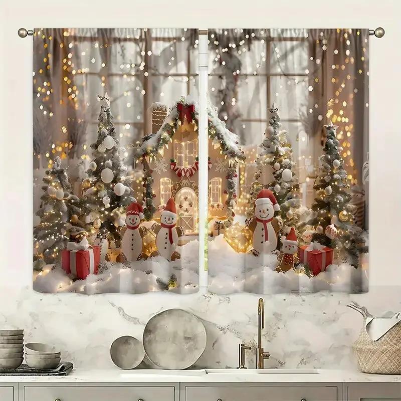 Set Of 2 Christmas Holiday Snowman Tree Pattern Printed Curtains Home Decoration Room Curtain Polyester
