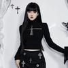 Gothic Dark Cross Hollow Long Sleeve Top Harajuku Y2K Vintage Punk Sexy Perspective Fashion Style Slim Women Top