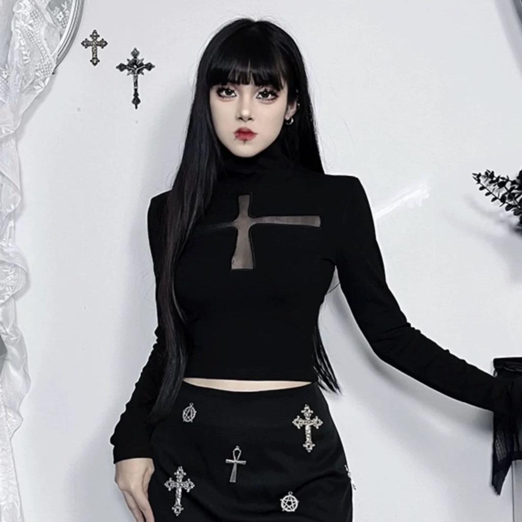 Gothic Dark Cross Hollow Long Sleeve Top Harajuku Y2K Vintage Punk Sexy Perspective Fashion Style Slim Women Top