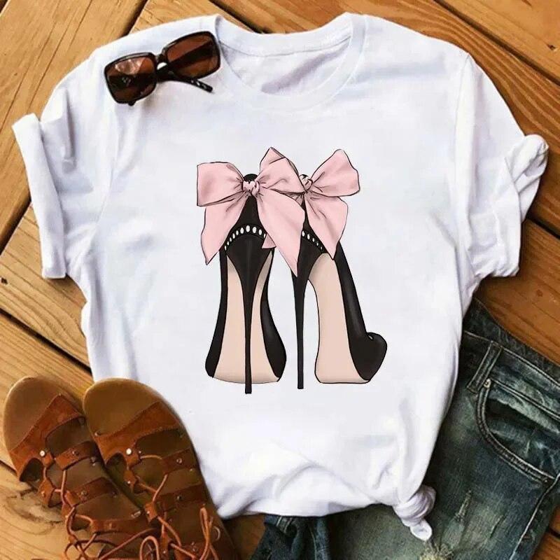 Maycaur Pinke High Heels Blumen Taschendruck T-Shirt Damen Trendy Hipster Harajuk Kawaii Kurzarm Oberteile T-Shirt Femme Kleidung Unisex