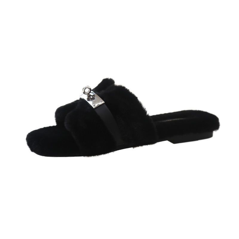 One-word metal decorative buckle flat bottom 2025 new fluffy slippers outer wear women's autumn and winter home warmth short plush cotton mop