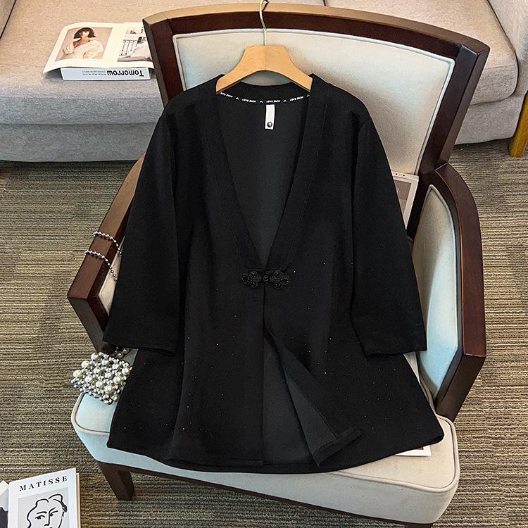 

2026 Plus Size Women s Loose Casual Chinese Style Frog Button Rhinestone Jacket 5XL (160-180 jin) чорний