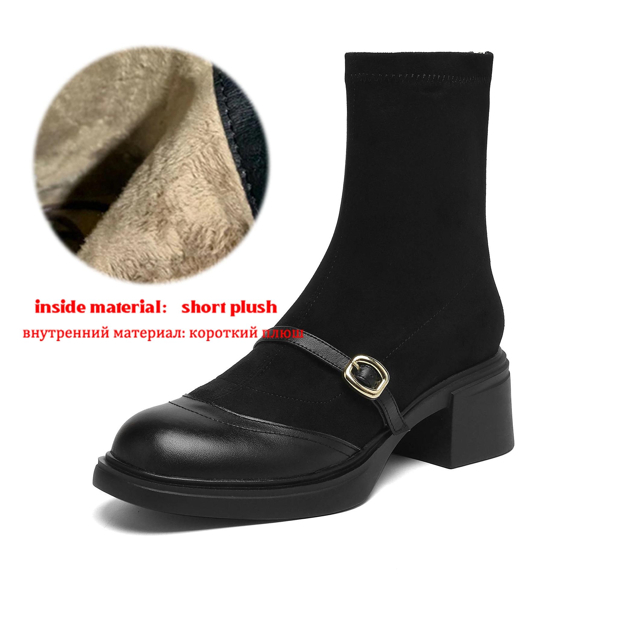 

Krazing Pot Кожа коровы Флок Круглый носок Массивный каблук Эластичные ботинки Размер 42 Молния Женские Металлическая пряжка Платформа Ботильоны 42