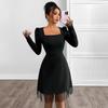 Spring And Summer Square Neck Bubble Sleeve Mesh Women'S Long Sleeved Dress S-XL
