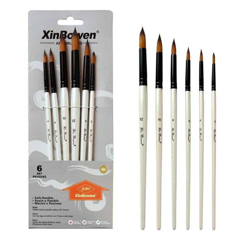 JOWOART Two-tone Nylon Hair Brush Pearl White Wood Pole for Oil Paint for Hair Watercolor Brush for Beginners 6 Pcs/set Art Paint Brush