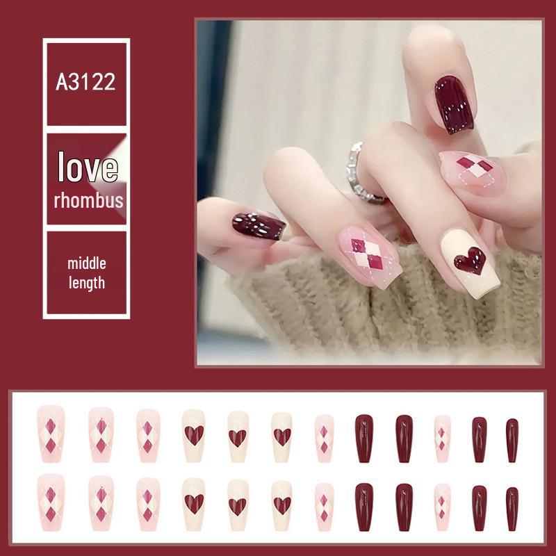

Red Argyle Love Heart Medium-Long Ballerina False Nails