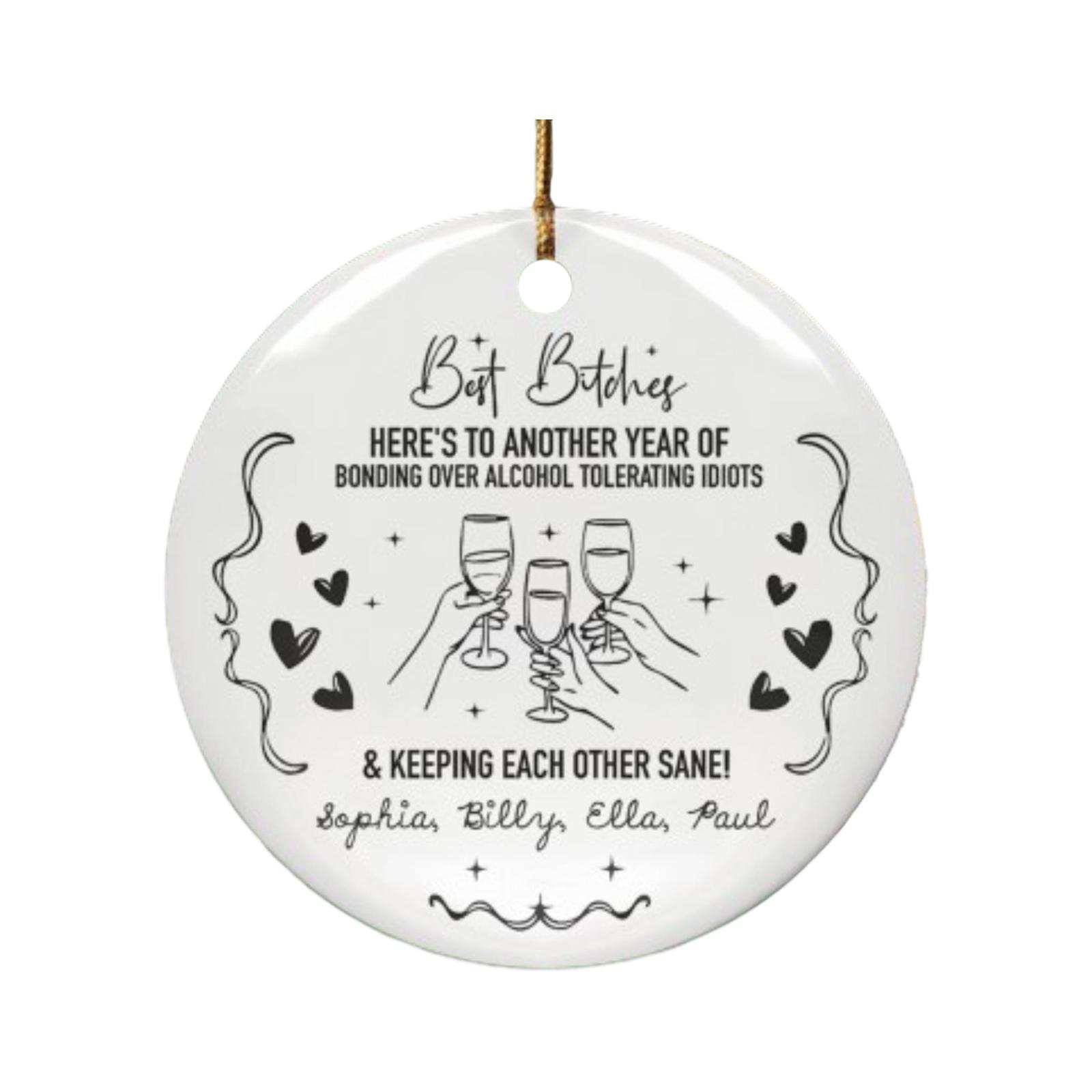 

Round Acrylic Holiday Ornament with Printed Toasting Glasses and Text Design Suitable for Christmas Tree Decoration and Seasonal Home Display