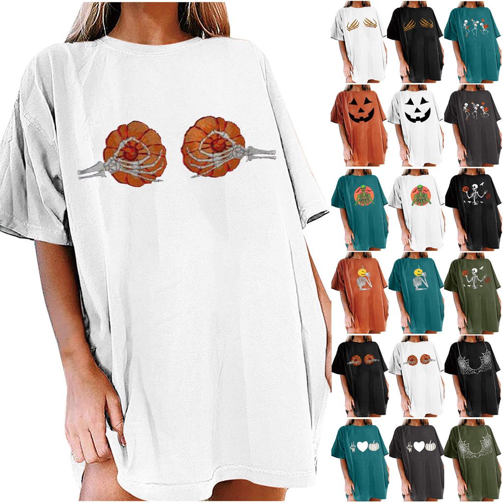 Women's Loose Blouse Round Neck Short Sleeve Halloween  Print T-shirt Top